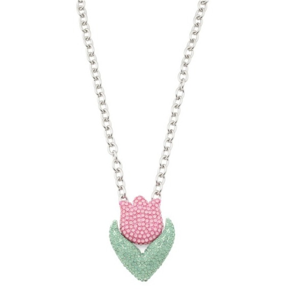Betsey Johnson Pink Tulip Crystal Pendant Necklace Silver Plated Spring‎